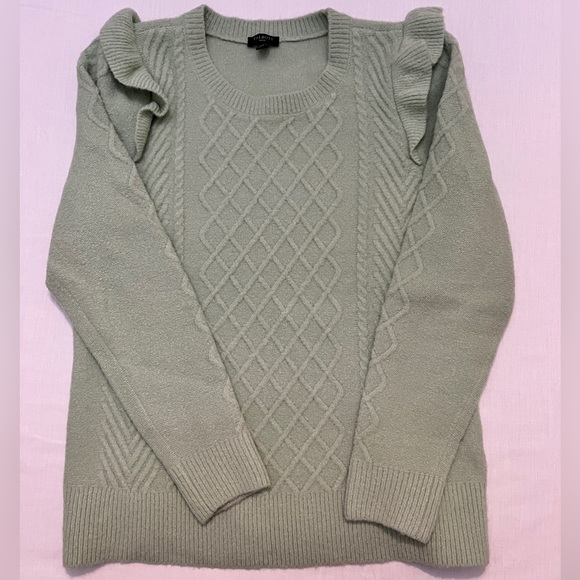 Talbots Cable Knit Feminine Ruffle Sweater Frosty Pastel Green Sz M Petite - Picture 2 of 7